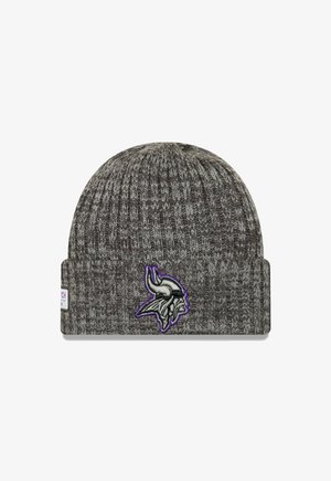 Gray knit beanie with a ribbed texture and a folded cuff. Features an embroidered Viking logo in black and purple on the front.