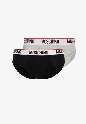 Slip neri e grigi con elastico bianco, caratterizzati dal logo "Moschino" in lettere nere e rosse. Tessuto morbido e elastico.