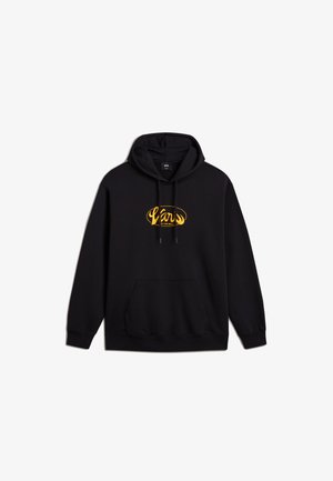 Hoodie noir en mélange de coton avec une poche frontale, des poignets côtelés et un design de logo jaune sur la poitrine. Texture douce, coupe décontractée.