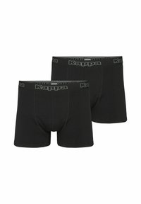 Boxeri scurți negri din bumbac, cu o talie elastică ce prezintă logo-ul Kappa în gri. Design simplu, bine definit. Se află două perechi în imagine.