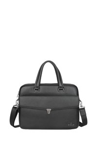 Black textured leather briefcase with double handles, a front flap pocket with metal clasp, and an adjustable shoulder strap.