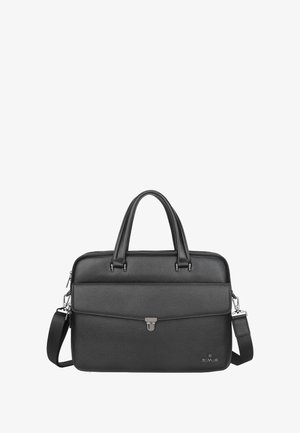 Zwarte, getextureerde leren aktetas met dubbele handvatten, een voorvak met metalen sluiting en een verstelbare schouderriem.