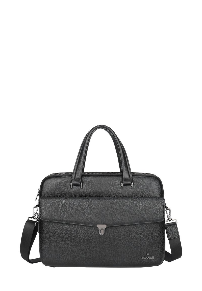 Black textured leather briefcase with double handles, a front flap pocket with metal clasp, and an adjustable shoulder strap.
