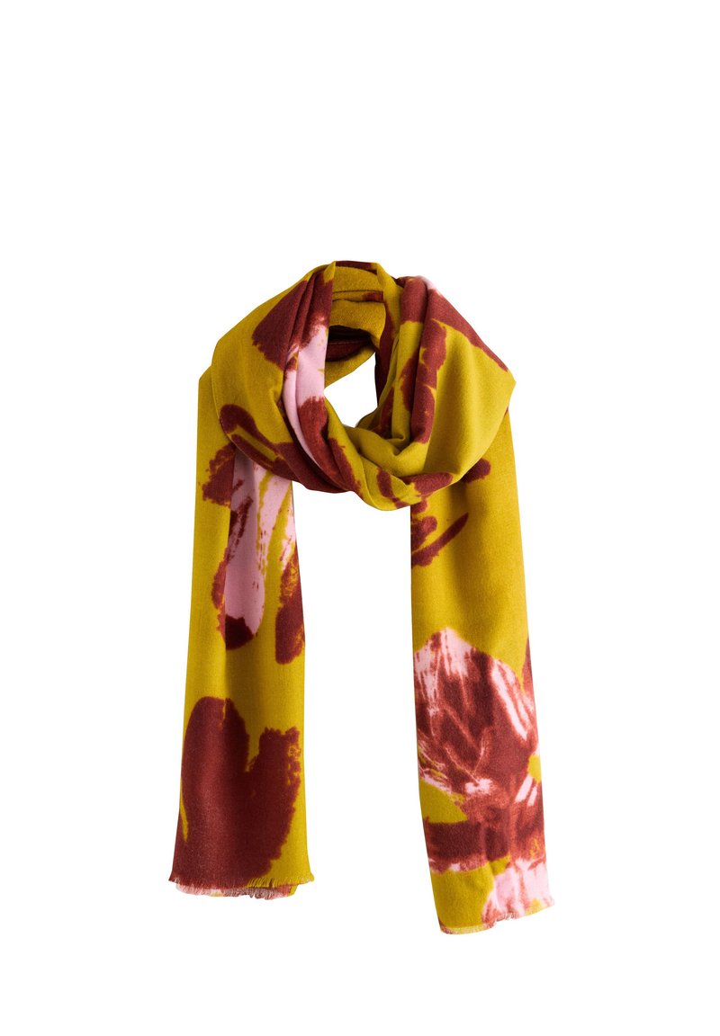 Pealehtedega kollase ja roosa lillemustriga pehme kangaga sall, millel on lopsakad otsad ja pikk, ristkülikukujuline kuju.