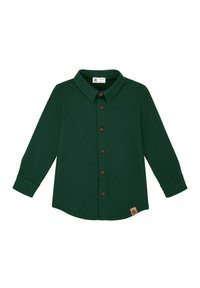 Zielona, długosleeve koszula zapinana na guziki z kołnierzykiem, brązowe guziki oraz mała metka z logo na dolnym końcu. Gładka faktura materiału, casualowy styl.