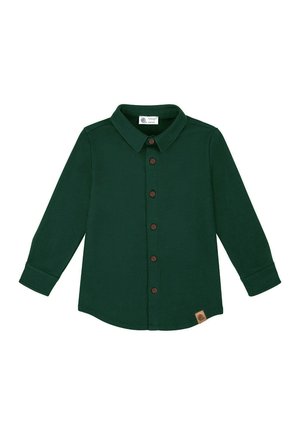 Zielona, długosleeve koszula zapinana na guziki z kołnierzykiem, brązowe guziki oraz mała metka z logo na dolnym końcu. Gładka faktura materiału, casualowy styl.
