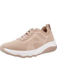 Zapato deportivo beige con parte superior de punto transpirable, superficie texturada, entresuela blanca y suela de goma flexible. Incluye cordones y una lengüeta.