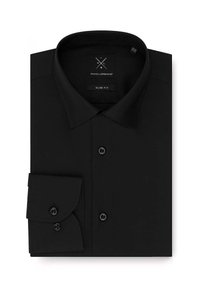 Czarna, dopasowana koszula z długim rękawem, z klasycznym kołnierzykiem, zapięciem na guziki oraz mankietem na jeden guzik o gładkiej fakturze.