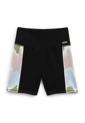 Czarne spodenki Vans z wysokim stanem i bocznymi panelami w pastelowych kolorach tie-dye: zielonym, różowym i niebieskim.