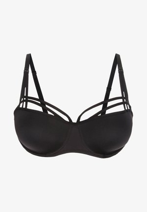 Schwarzer BH mit Unterdraht aus glattem Stoff, Mehrfach-Träger-Design und nahtlosen Cups. Verstellbare Träger und minimalistische Details.