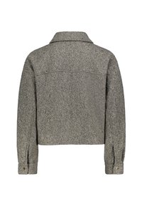 Gray cropped jacket made of textured fabric with long sleeves and a collar. Features button cuffs and a simple, minimalist design.