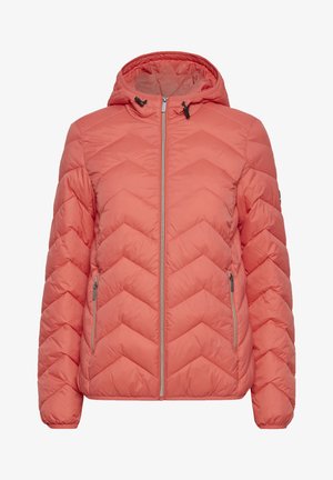 Korallenfarbene Puffjacke mit Kapuze, featuring einem Chevron-Quiltmuster, Front-Reißverschluss und zwei seitlichen Reißverschlusstaschen.