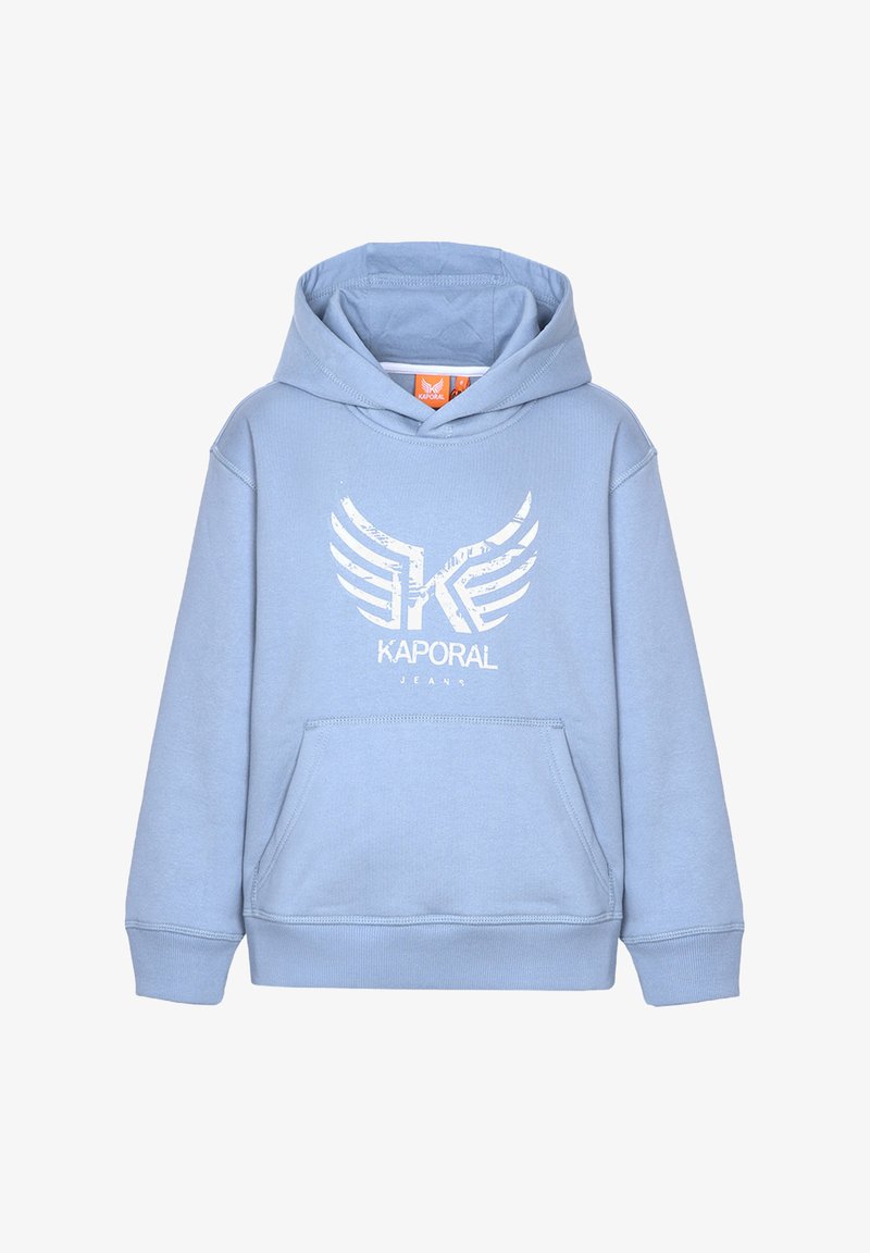 Hoodie bleu clair avec une poche avant, capuche à cordon et un logo imprimé blanc avec des détails en ailes. Fabriqué en tissu doux et texturé.