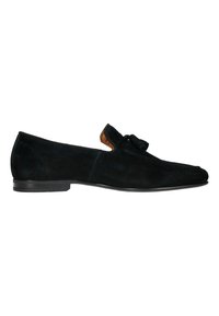 Zwarte suede instappers met een elegant ontwerp, voorzien van een strikaccent aan de voorkant en een gladde, ronde neus. Lichtgewicht rubberen zool.