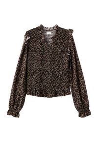 Blusa con stampa leopardata marrone, con corpetto arricciato, colletto volant e maniche lunghe con polsini arricciati. Tessuto morbido con un leggero lucido.