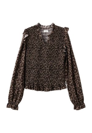 Blusa con stampa leopardata marrone, con corpetto arricciato, colletto volant e maniche lunghe con polsini arricciati. Tessuto morbido con un leggero lucido.
