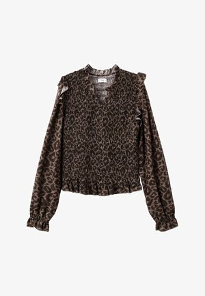 Bluzica s potiskom smeškanog leoparda, sa smock bodicom, rebrastim ovratnikom i dugim rukavima s skupljenim manžetama. Mekani materijal s suptilnim sjajem.