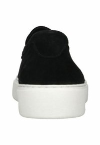 Black suede sneaker with a rounded back, featuring a thick white rubber sole and minimal stitching details. Designed for casual wear.