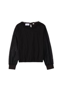 Schwarzes Langarmoberteil mit strukturiertem Körper, durchsichtigen Ärmeln und einemraffinierten Halsausschnitt. Enthält elastische Bündchen und Säume für einen figurschmeichelnden Look.