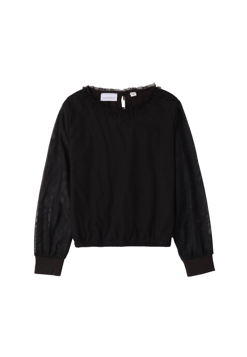 Schwarzes Langarmoberteil mit strukturiertem Körper, durchsichtigen Ärmeln und einemraffinierten Halsausschnitt. Enthält elastische Bündchen und Säume für einen figurschmeichelnden Look.