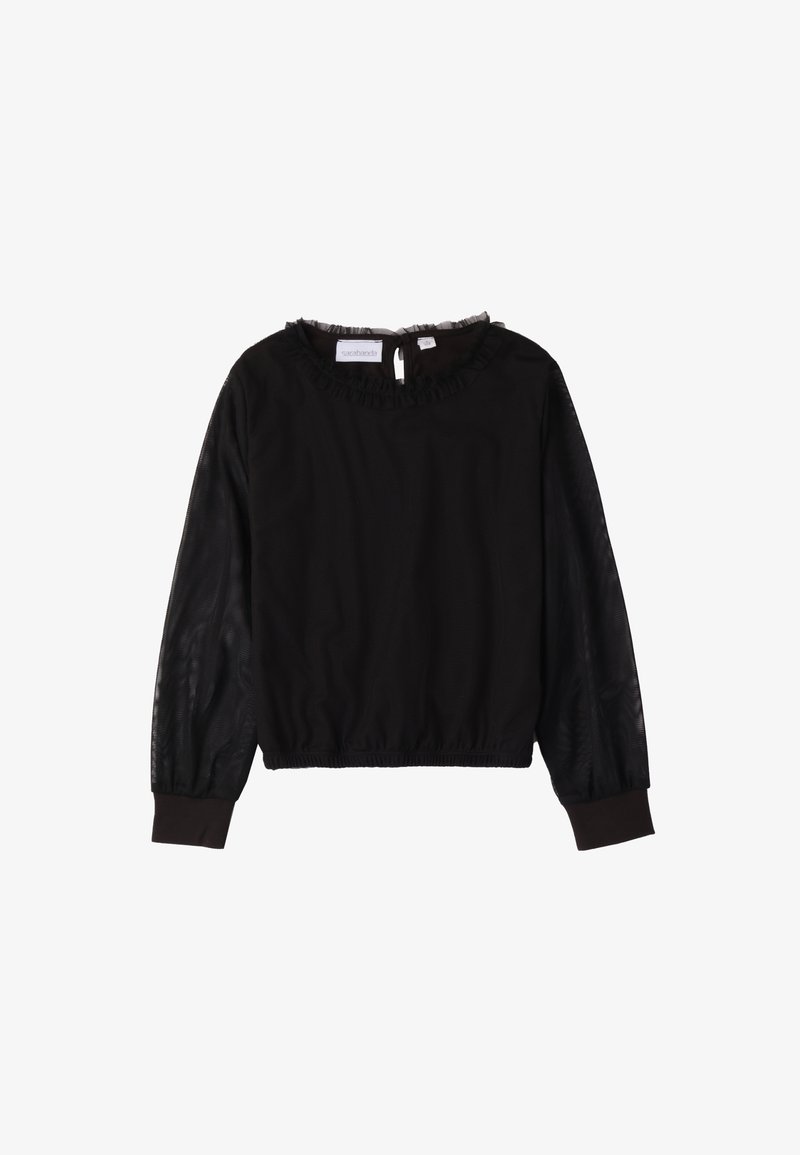 Schwarzes Langarmoberteil mit strukturiertem Körper, durchsichtigen Ärmeln und einemraffinierten Halsausschnitt. Enthält elastische Bündchen und Säume für einen figurschmeichelnden Look.