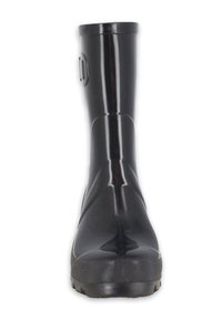 Botte en caoutchouc noire, montante jusqu'au genou, avec une surface lisse, un bout arrondi et une semelle noire texturée. Présente un logo circulaire sur le côté.