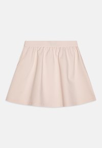 Ljusrosa, bomulls A-linjeformad kjol med elastisk midja. Har samlad tyg för volym, slät yta och knälång design.