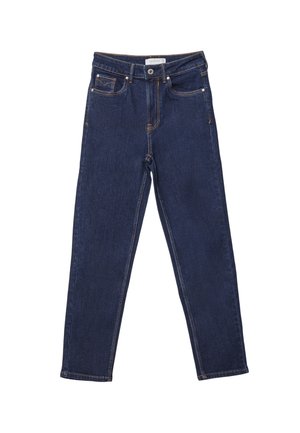 Jean denim bleu foncé à jambes droites avec poches avant et arrière, passants de ceinture et fermeture par bouton.