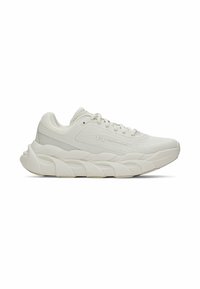 White athletic shoe with a textured mesh upper, cushioned sole featuring layered design, and intricate stitching details on the sides.