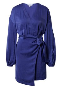 Lila Wickelkleid mit langen Puffärmeln, aus glattem Stoff gefertigt. Es verfügt über eine seitliche Bindung und einen V-Ausschnitt, mit einem knielangen Saum.