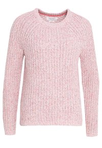 Jasnoróżowy sweter wykonany na drutach z teksturowanym wzorem, okrągłym dekoltem i długimi rękawami. Posiada luźny krój oraz ściągacze u dołu i na rękawach.