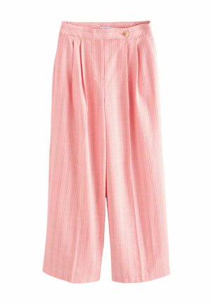 Pink wide-leg trousers with a pleated front, featuring thin vertical yellow stripes and a single button closure at the waist.
