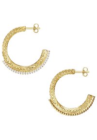 Gyldna hoops med chevronmönster och en rad klara rhinestones längs nederkanten. Säkra med en postbackslåsning.