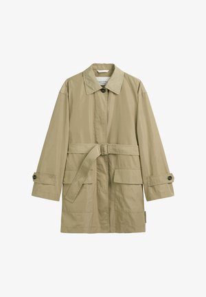 Beige trenchcoat met een kraag, knoopsluiting aan de voorkant, riem in de taille en zijzakken. Gladde structuur, knielange ontwerp.