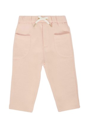 Pantalons pour enfants rose pâle en coton doux, avec une taille élastique dotée d'un cordon blanc et deux poches avant.
