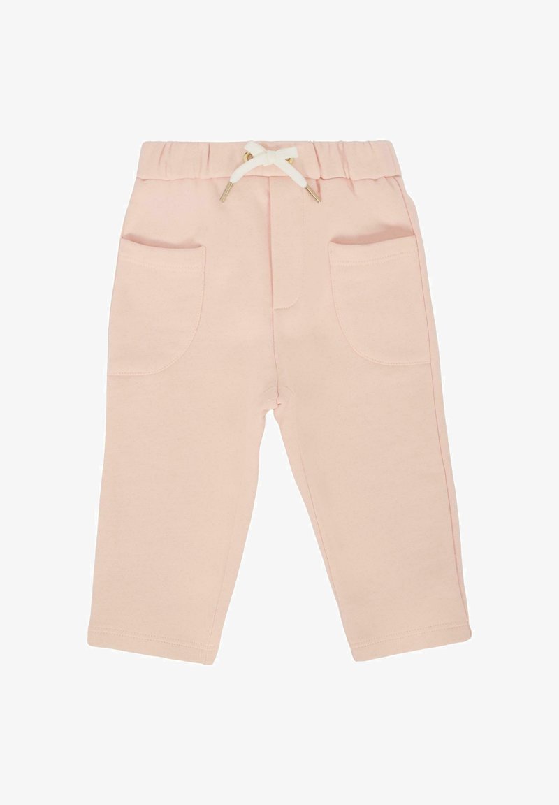 Pantalons pour enfants rose pâle en coton doux, avec une taille élastique dotée d'un cordon blanc et deux poches avant.