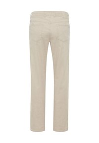 Beige jeans made of cotton blend fabric, featuring a straight leg design, two back pockets, and a subtle texture with no visible hardware.