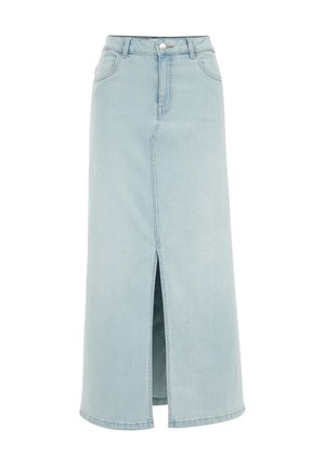 Jupe en denim bleu clair de longueur mi-cuisse avec une fente à l'avant, un design à cinq poches et des passants de ceinture. Dotée d'une fermeture à bouton et de coutures discrètes.