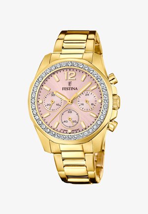 Montre Festina en or avec cadran rose, lunette ornée de cristaux, trois sous-cadrans et bracelet en maillons métalliques dorés.