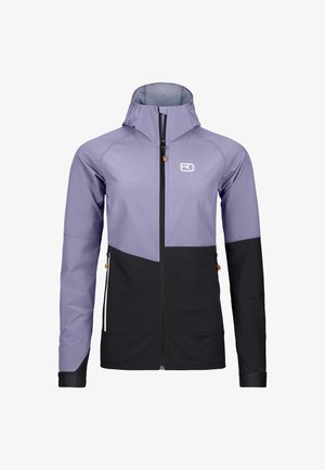 Purple and black zip-up jacket with a high collar, featuring a divided color block design, matte texture, and pockets with zippers.
