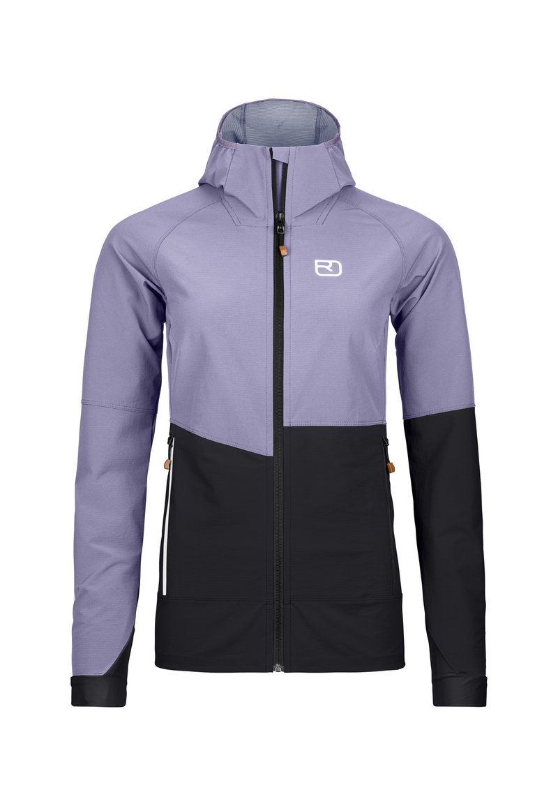Purple and black zip-up jacket with a high collar, featuring a divided color block design, matte texture, and pockets with zippers.