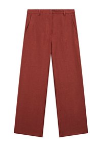 Pantalon à jambes larges de couleur rouille en lin. Dispose de poches avant et d'une taille épurée. Texture lisse et coupe décontractée.