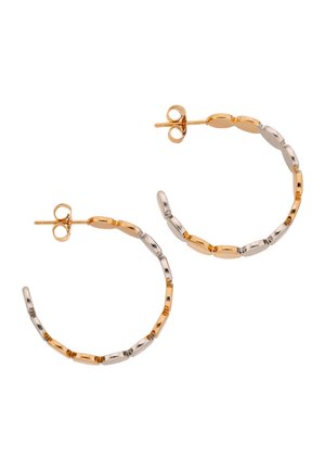 Øreringe med bøjle i skiftevis gyldne og sølvfarvede ovale led, sikret med gyldne stifter og butterfly-lukninger.