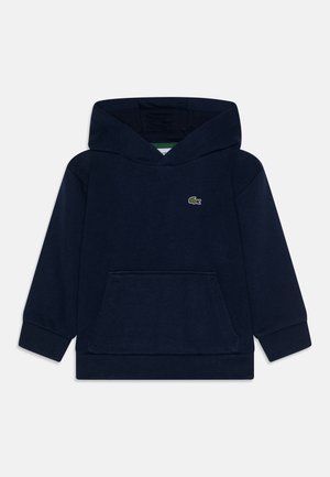 Felpa con cappuccio blu navy in misto cotone, con tasca frontale, polsini a costine e un piccolo logo verde sul petto.
