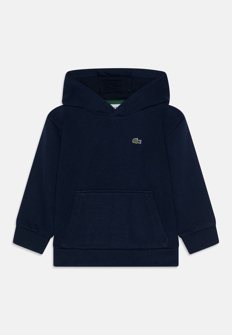 Námornícky modrá mikina s kapucňou z bavlnenej zmesi, s prednou kapsou, rebrovanými manžetami a malým zeleným logom na hrudi.