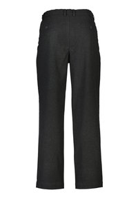 Pantalones de vestir gris oscuro con frente plano, dos bolsillos traseros y un ligero entalle. Están hechos de una tela texturada con un acabado suave.