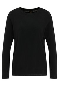 Schwarzer Strickpullover mit langen Ärmeln, Rundhalsausschnitt und gerippten Akzenten an den Schulternaht und dem Saum. Glatte Textur, keine Muster.