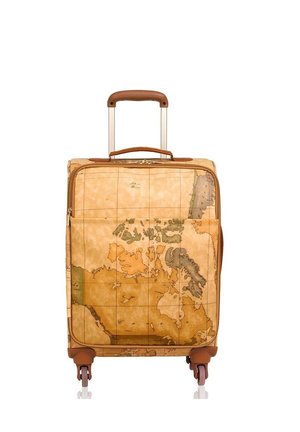 Valigia rigida con un design di mappa del mondo vintage, colore marrone chiaro con accenti beige, manico retrattile e quattro ruote.