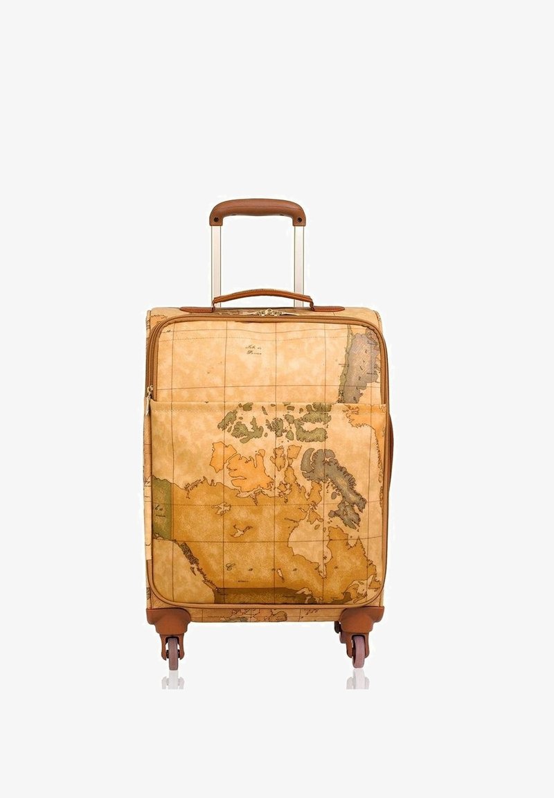 Valigia rigida con un design di mappa del mondo vintage, colore marrone chiaro con accenti beige, manico retrattile e quattro ruote.