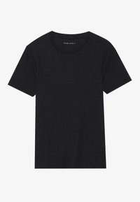 Schwarzes Baumwoll-T-Shirt mit Rundhalsausschnitt. Kurze Ärmel und eine glatte Textur. Keine sichtbaren Muster oder Akzente. Schlichtes, klassisches Design.
